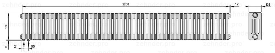 Схема (чертеж) Радиатор Zehnder Charleston 4019/48 №3370 Белый глянцевый RAL 9016